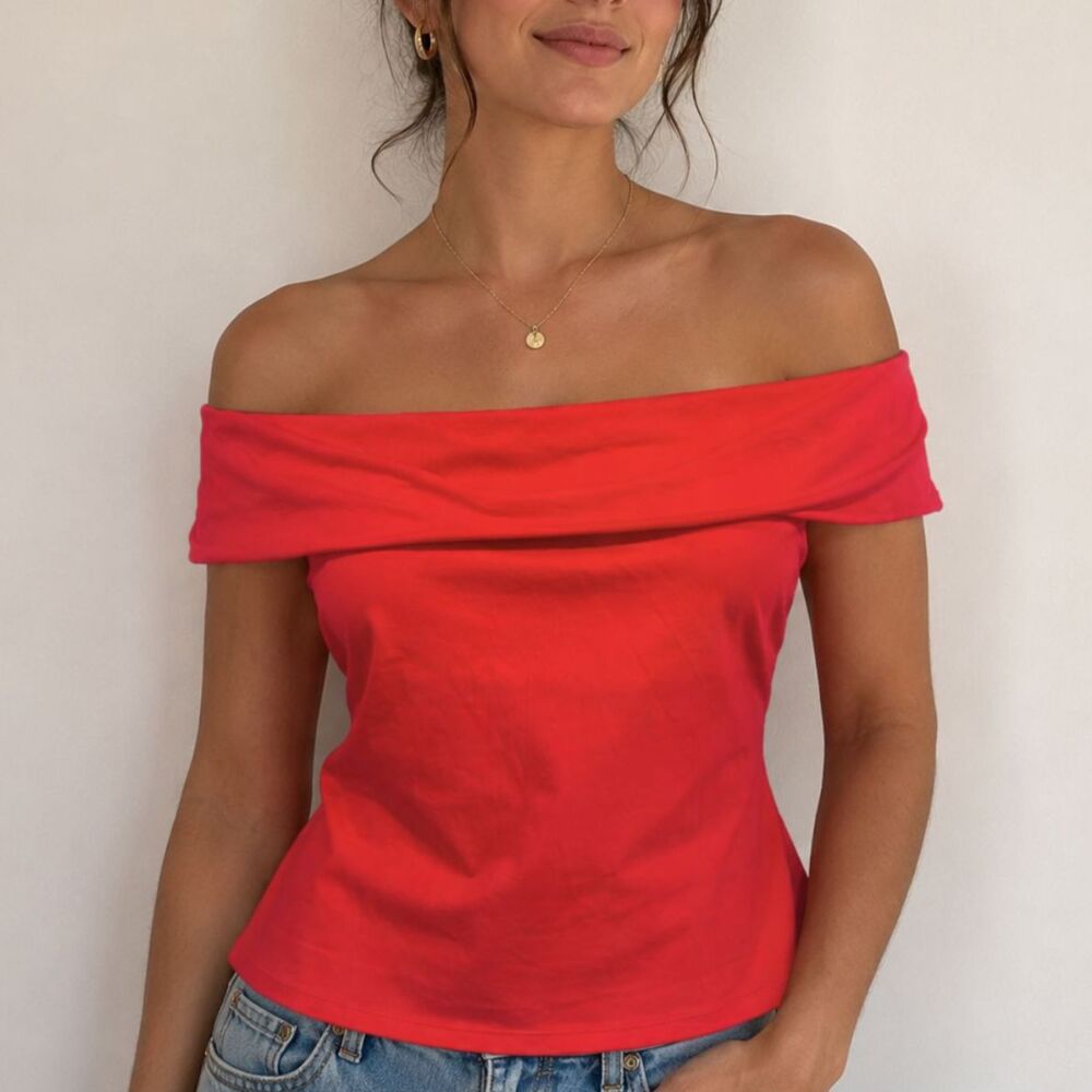 Ann Taylor Red Off-The-Shoulder Foldover Top NWOT